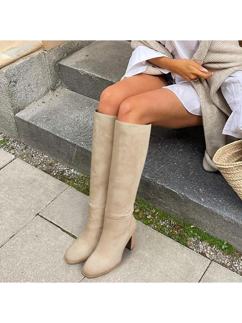 Women's Beige Round Toe Side Zip Chunky Heel Fashion Tall Knee High Casual Boot - Picture 4 of 6